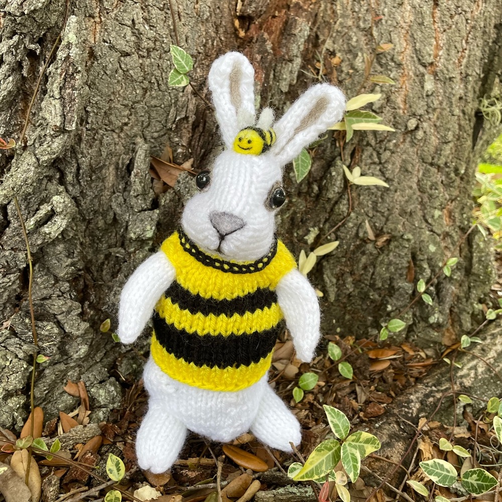Hand crafted knit and needle felted honey bee bunny artisan one of a kind - Picture 6 of 14